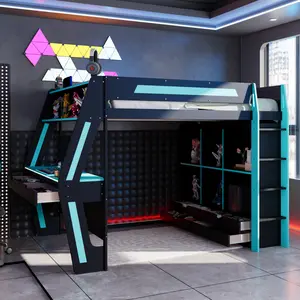 Full Size Gaming Loft Bed with Integrated Desk, Wooden High Bed with RGB LED Lights and USB Ports, Bed Frame with 6 Storage Cubbies, 6 Drawers & Safety Staircase, Gaming Bed for Teens Adults, Black & Blue