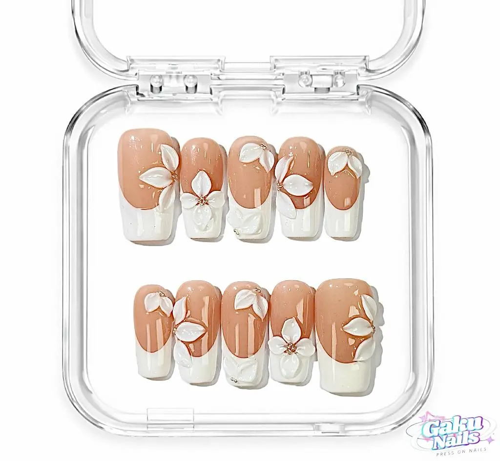 GakuNails VANILLA CREAM Handmade Press-On Nails - 10-Piece Medium Square Multi-Pack with French Tip, 3D Flowers, Builder Gel Material, Customized Selectable Sizes, Reusable, for DIY Nail Art