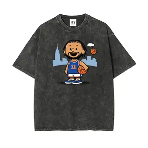 Retro Comic Ball Player Tee Smiling Cartoon Figure With Uniform Jersey Number CityUnisex Graphict Washed T-Shirt Personalized Pattern Y2k Clothing Round Neck Washed T-Shirt,Women's Clothing 100% Cotton, Menswear, Top, Vintage Style,Summer Casual Oversized