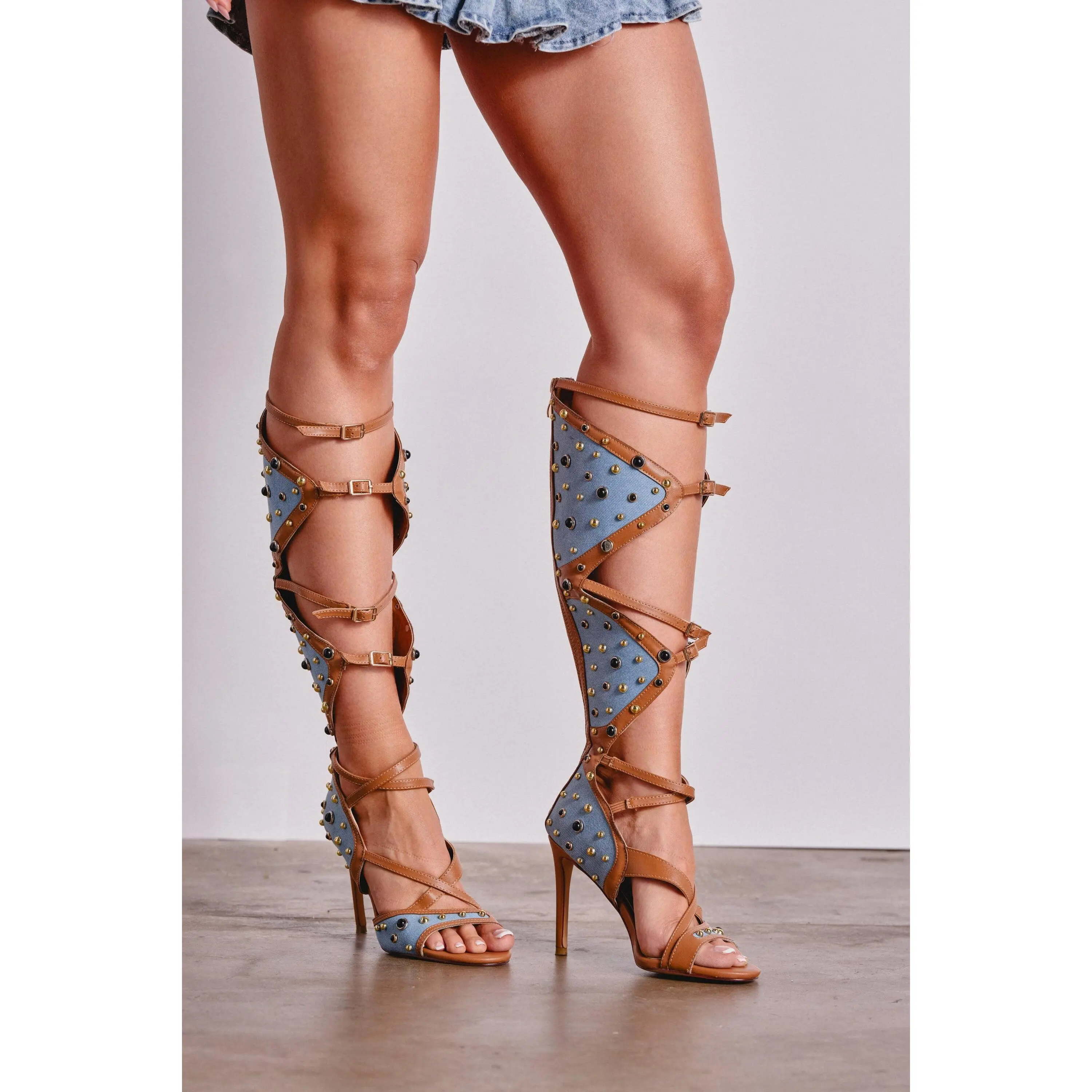 AKIRA GOLD LULANA DENIM METAL STUDDED GLADIATOR STILETTO SANDAL