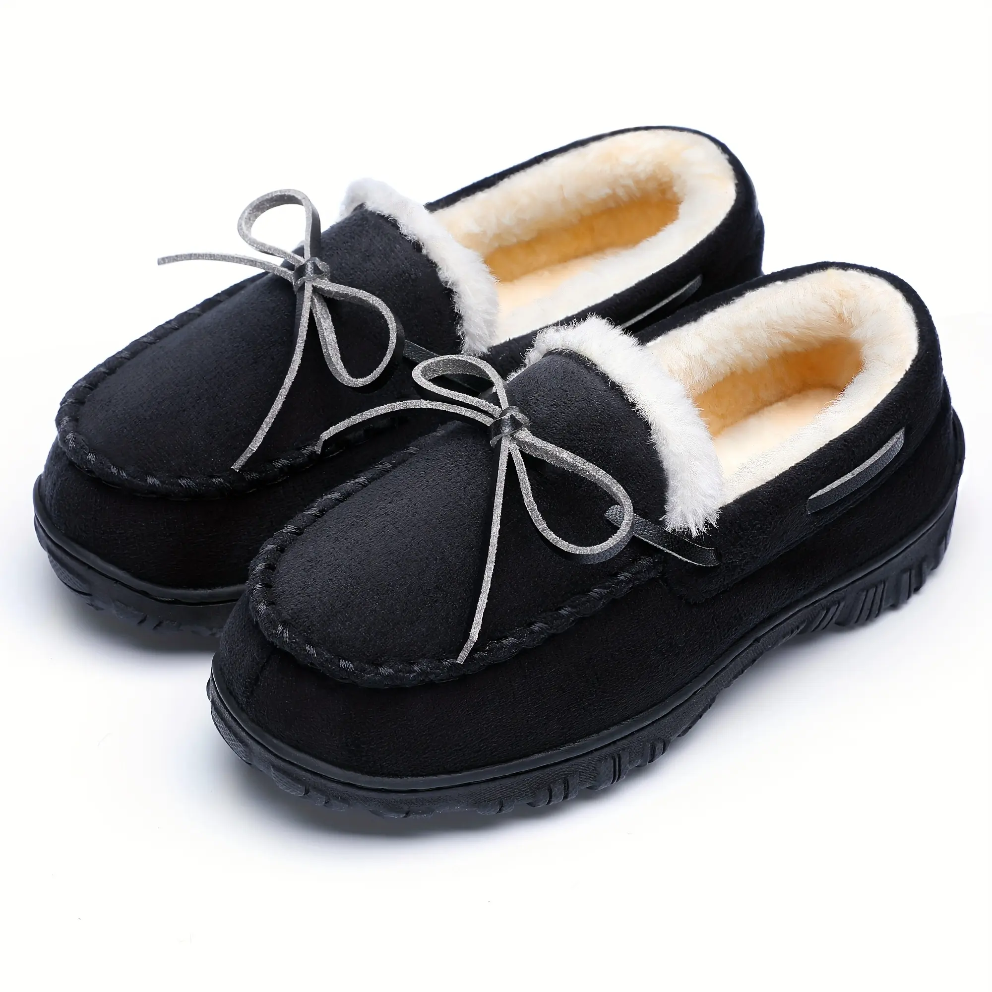 SHOESLOCKER Boys' Slip-On Moccasin Slide Slippers - Casual, Thick Bottom, All-Season, Memory Foam Cushioning, Plush TPR Sole, Easy-Clean Fabric Upper, Indoor-Outdoor House Shoes (Black, Grey), Slide Slipper, Casual Slippers