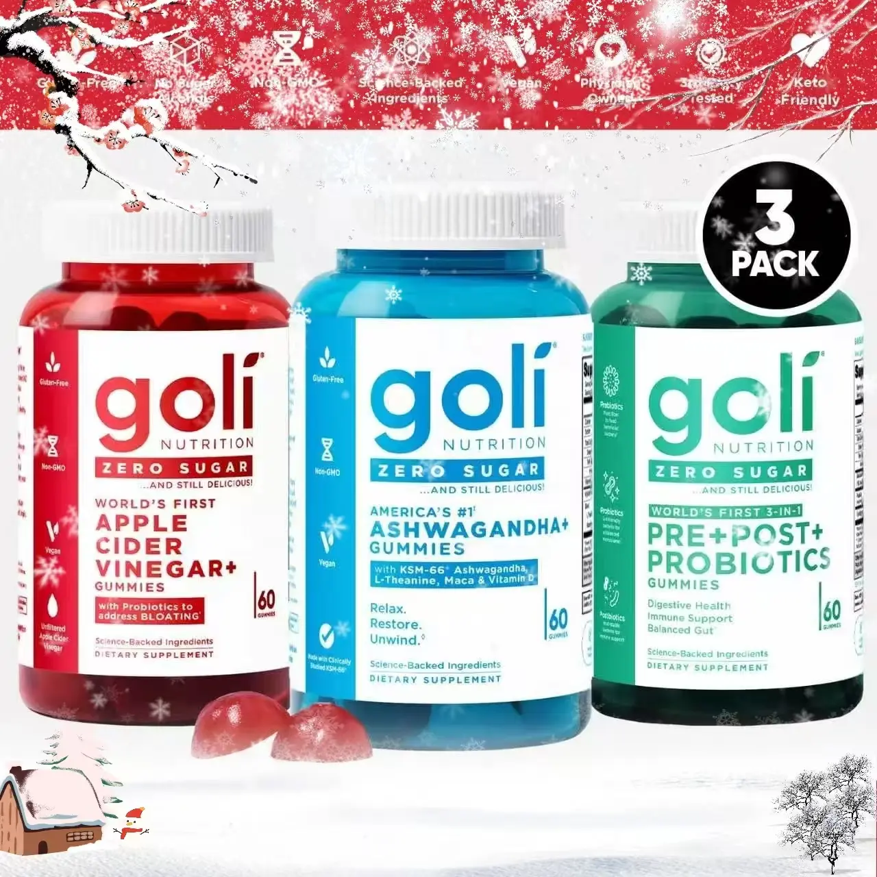 Goli Nutrition 3-Pack Gummies Bundle - Fast 24H Shipping