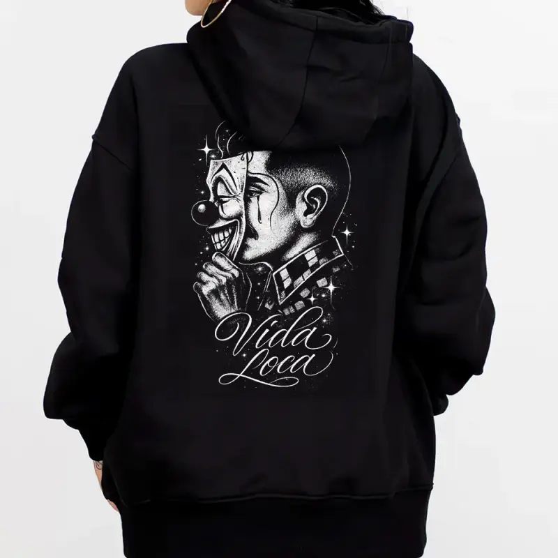 Unisex Chicano-Chicana Style Graphic Print Hoodie - Vida Loca & Smile Design, Medium Heavy Long Sleeve Casual Streetwear Pullover, Oversized Full-Size Men's/Women's Tops