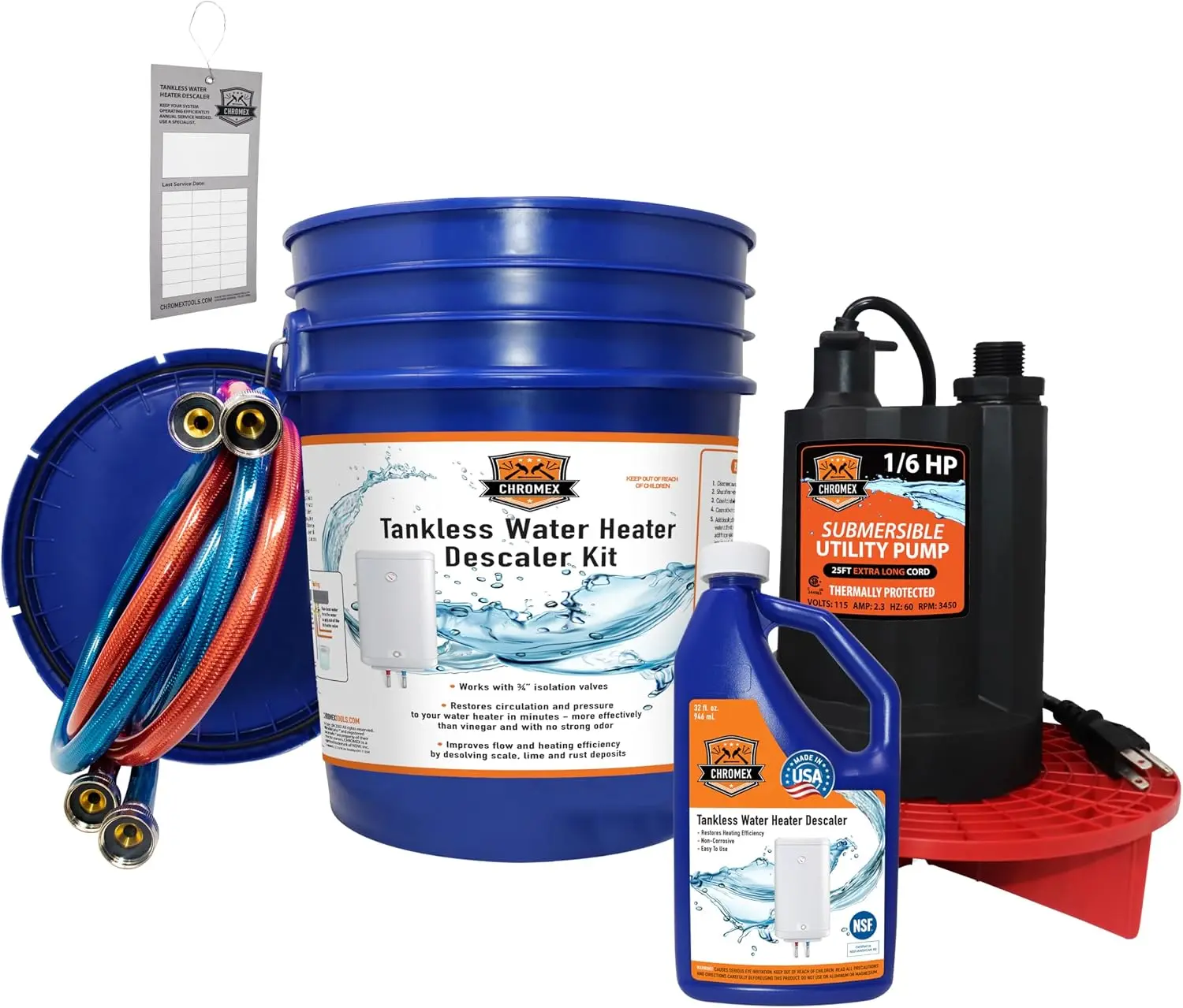 Chromex Tankless Water Heater Flush Kit, NSF-Certified Liquid Descaling Solution, 1/6HP Extra-Strength Pump for Water Heater Maintenance