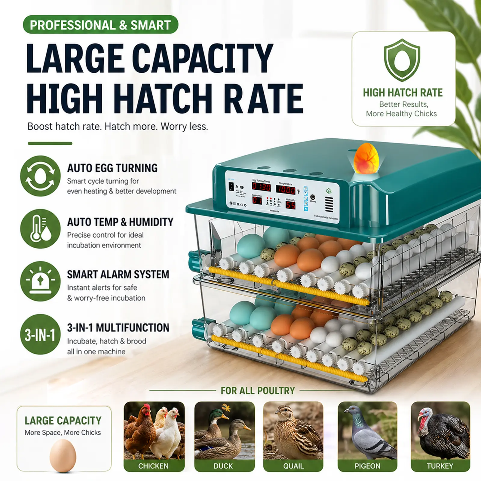 【DealsForYouDays】Fully Automatic 120-Egg Incubator — Upgraded Poultry Incubator featuring Automatic Water Refill, Temperature and Humidity Control, Automatic Egg Turning, and Egg Candling Functions.