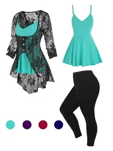Plus Size Three-Piece Set Cami Top & Blouse & Skinny Pants, Three Piece Aesthetic Outfits for Outdoor Wear, Plus Clothing for Summer