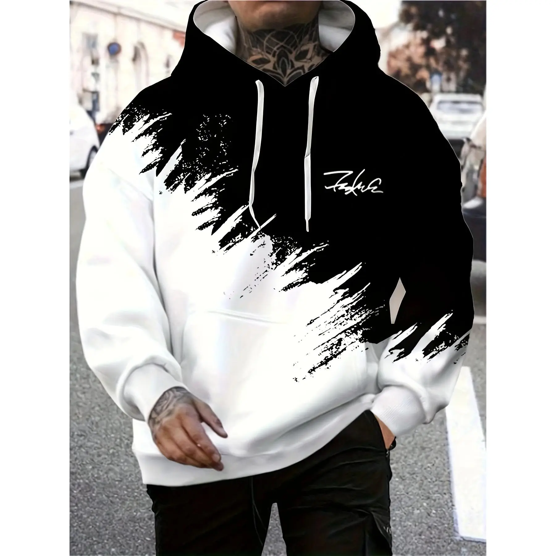Men's Color Block Letters Graphic Print Hoodie With Kangaroo Pocket, Casual Long Sleeve Hooded Sweatshirt For Outdoor