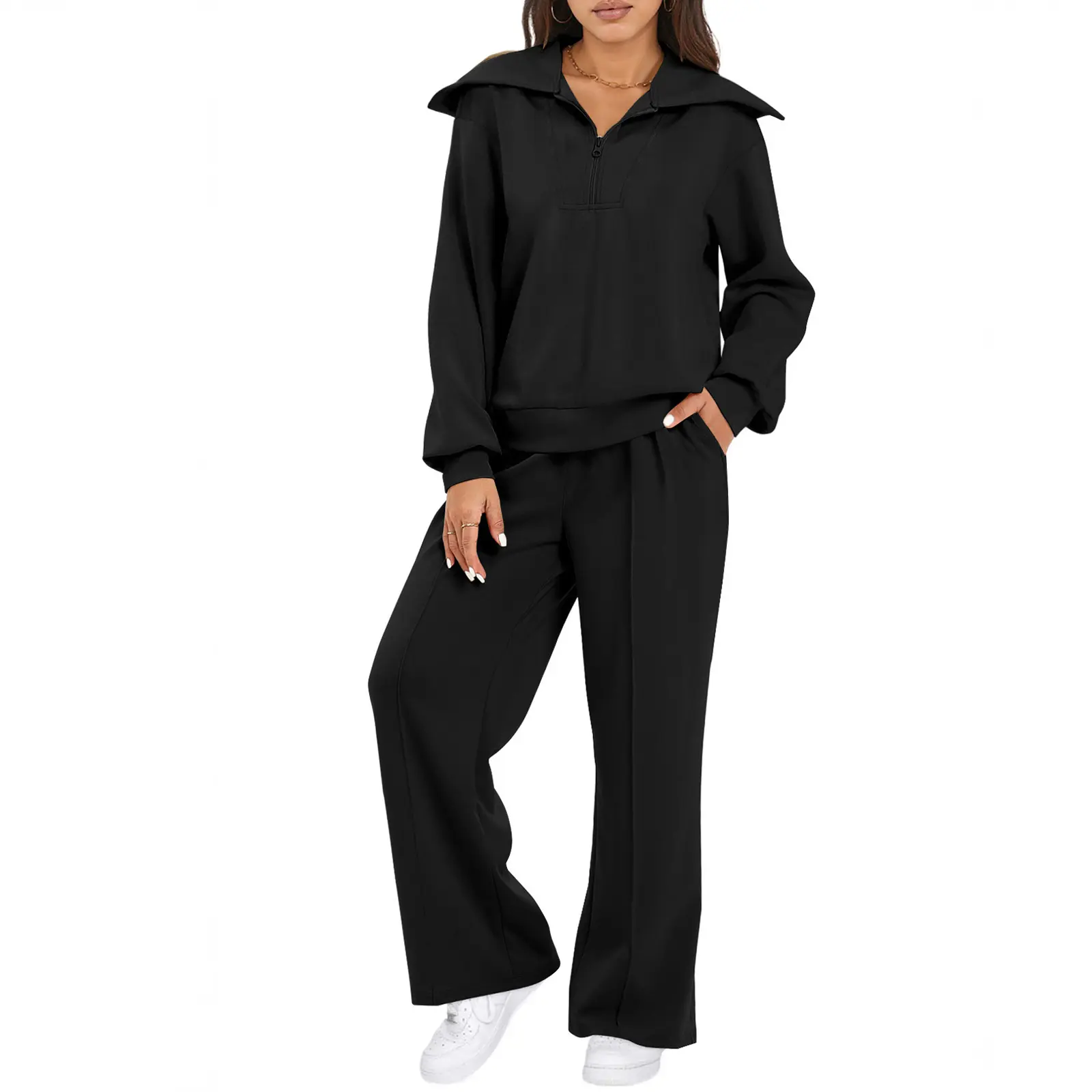 Aleumdr Women's Two-Piece Outfit Half-Zip Sweatshirt & Wide Leg Sweatpants Tracksuit for Autumn Sportswear Running Fitness Loungewear Set SwimWeek