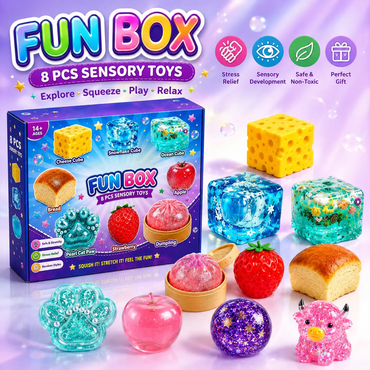 8PCS Squishy Box Mystery Fun Set Pack, Blind Malt Sugar Creative Slow Return Squishies, Relief Hand Relax Desk Decor Party Favor Gifts for Adult