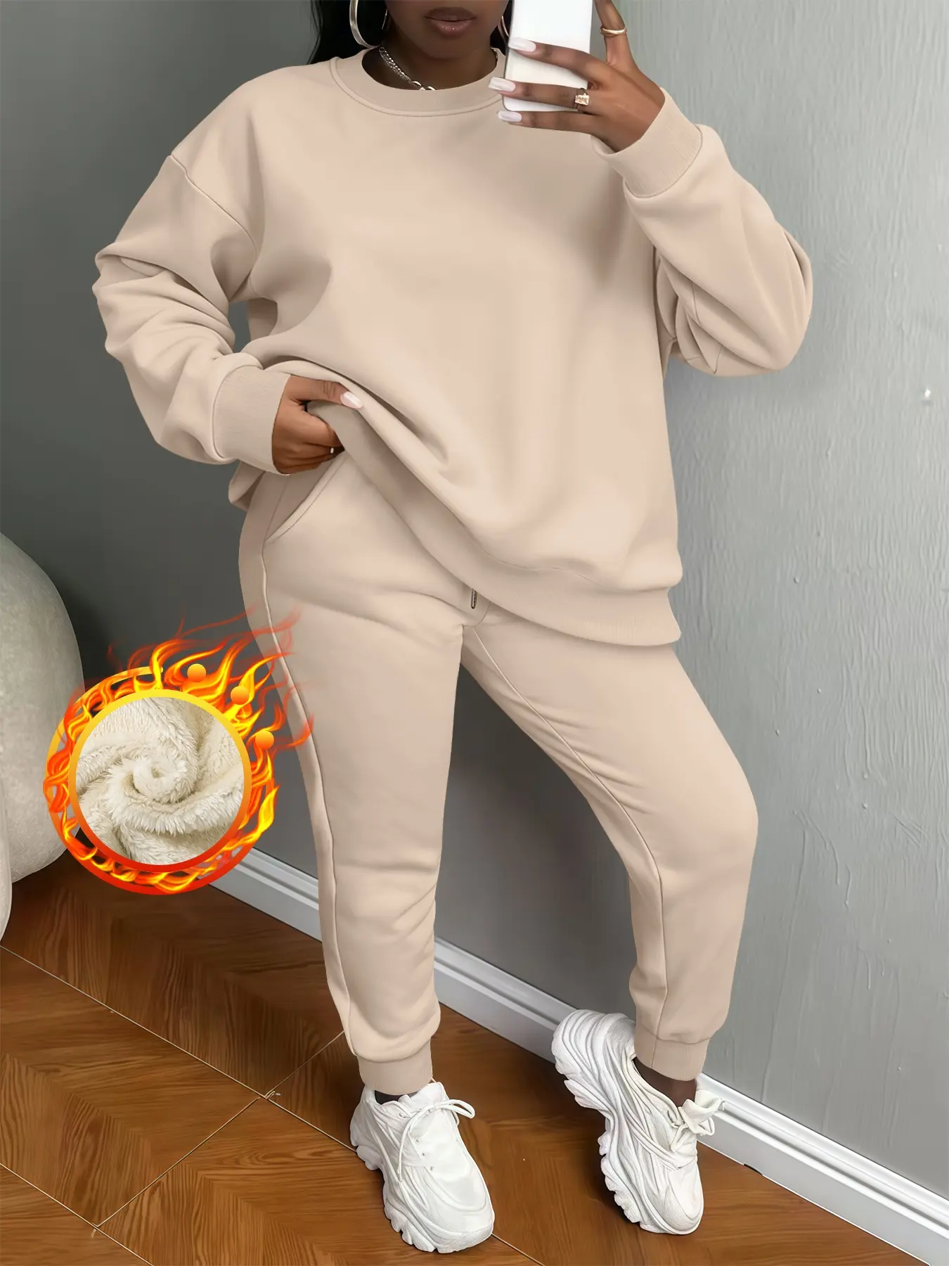 Women's Thick Fleece Winter Set, Casual Round Neck Sweater & Long Pants, Warm Comfortable for Fall & Winter
