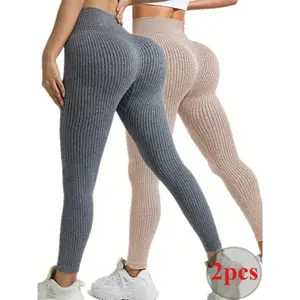 2PCS Women's Solid High Waist Ribbed Sports Leggings, Sporty High Stretch Leggings, Ladies Sportswear, Workout Leggings, Gym Clothing High Waisted Athletic Leggings Jeggings for Women, Butt Lifting Trousers