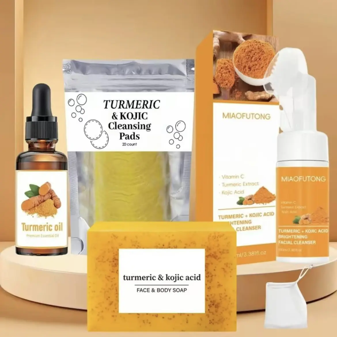 Female Turmeric Brightening Facial Skin Care Kit - Includes Cleansing Wipes, Soap, Mousse Cleanser, Oil, Vitamin C Peel-Off Mask, Soap Bag; Fresh and Clean for All Skin Types