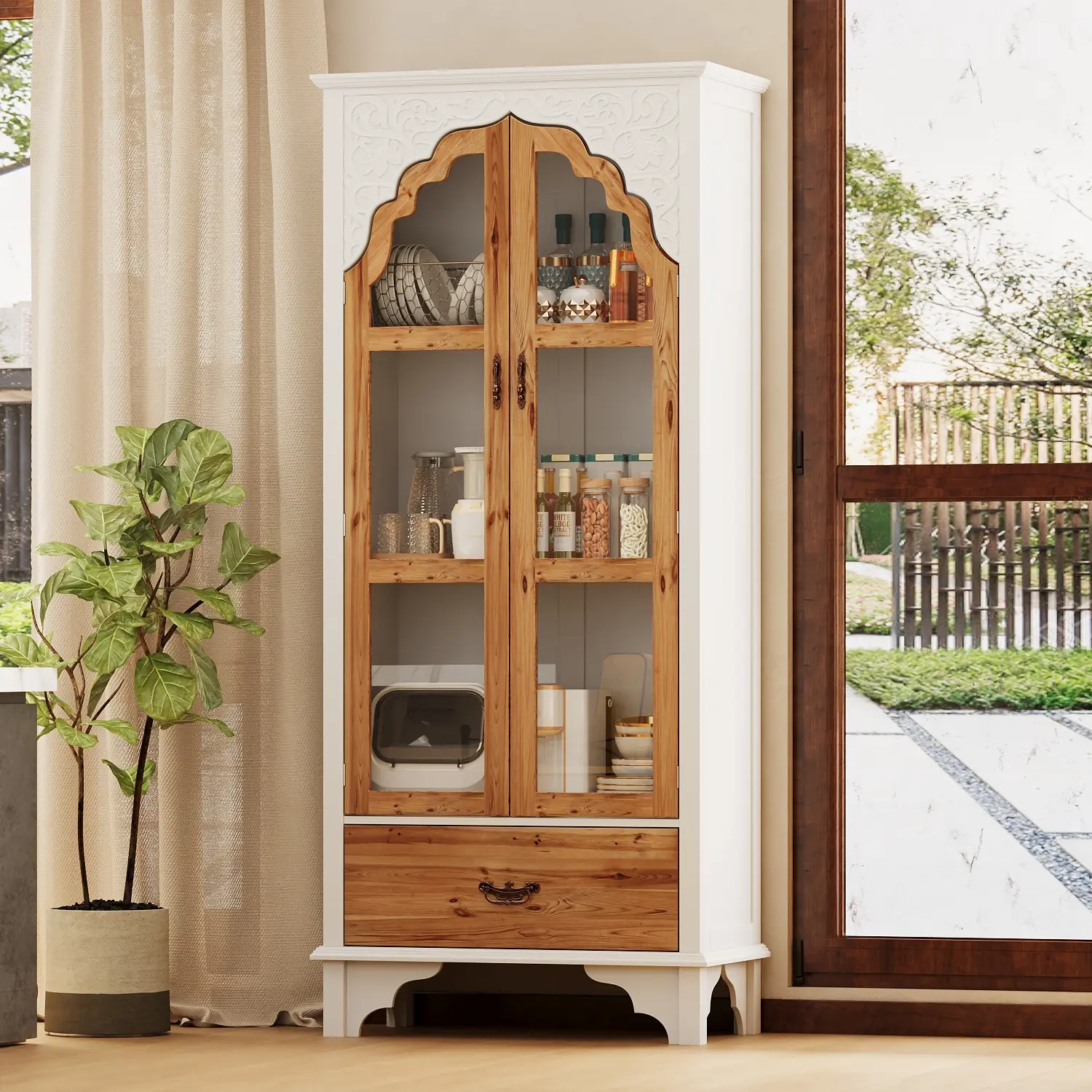 FUFU&GAGA 70.7" H Elegant Bookcase Storage Cabinet with Carved Doors, Wood Bookshelf Display Cabinet with Drawer and 3-Tier Shelves for Living Room & Office