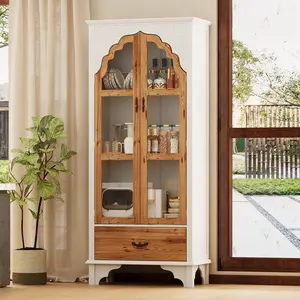 FUFU&GAGA 70.7" H Elegant Bookcase Storage Cabinet with Carved Doors, Wood Bookshelf Display Cabinet with Drawer and 3-Tier Shelves for Living Room & Office
