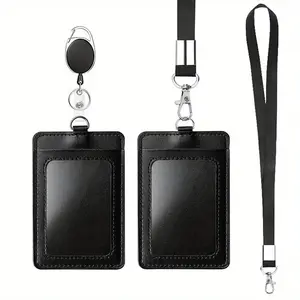 2 Pack PU Leather ID Badge Holders with Transparent ID Window, Includes Detachable Neck Lanyard and Retractable Badge Reel, ID Card Holder Set Office Supplies