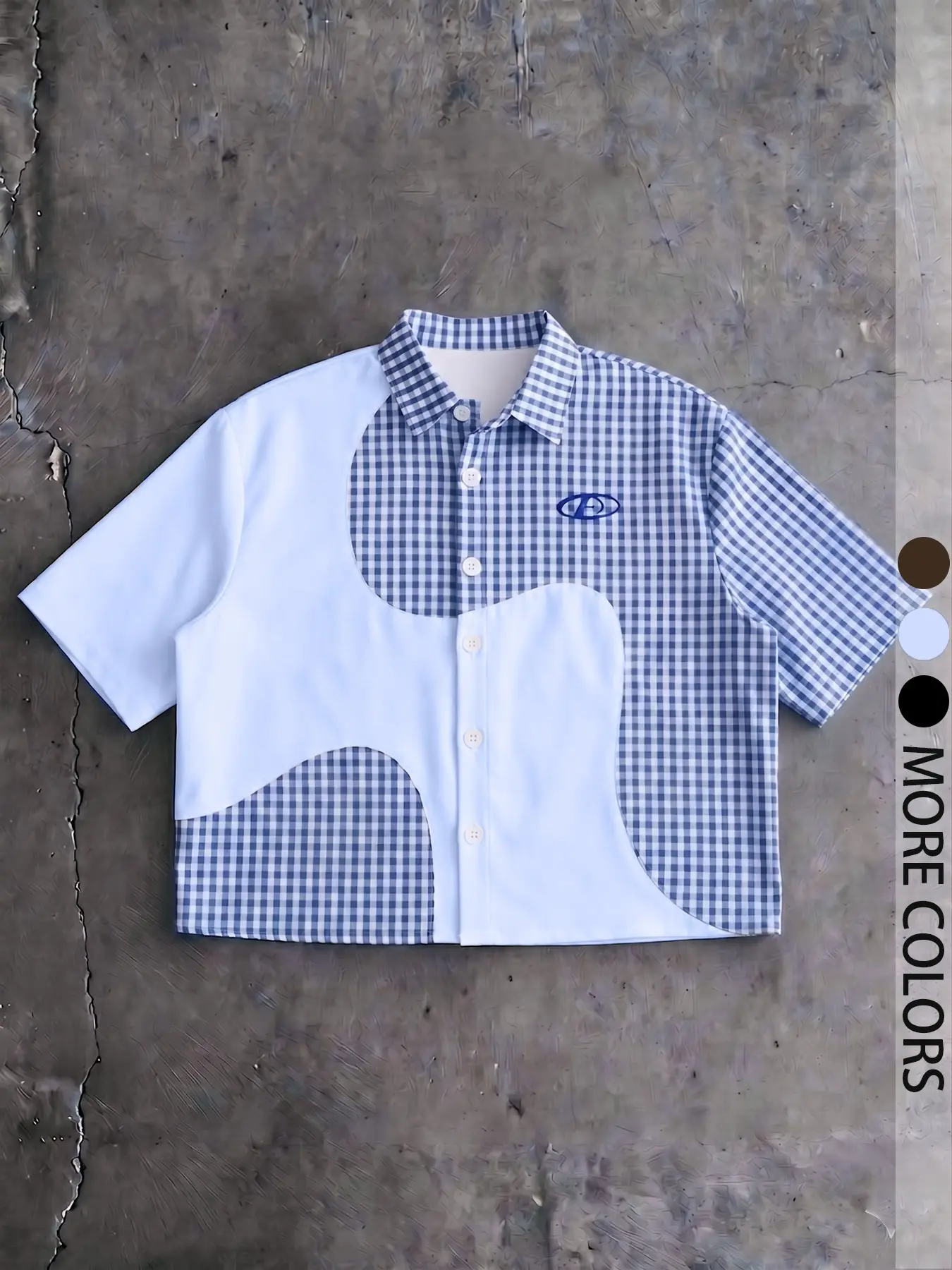 Vintage Plaid Patchwork Men's Short Sleeve Blouse Shirt, Loose Fit American Street Style Casual Top, Pop Art Print, with Button, with Collar, Classic Checked Shirt, Casual Summer Shirt, Collared Shirts
