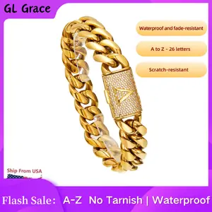 Gold Cuban Link Initial Bracelet – Custom A–Z Letter Jewelry, Waterproof & Scratch-Resistant, Comes with Gift Box, Perfect Gift for Boyfriend or Girlfriend