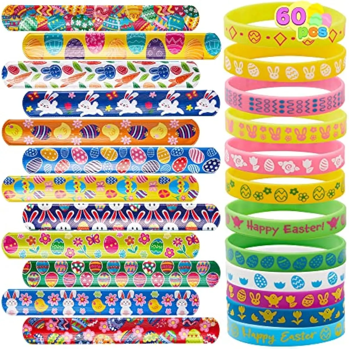 60 Pcs Easter Slap Bracelets Silicone Wristbands Set for Basket Egg Stuffers, Party Favors, Goodie Bag Fillers, Filling Specific Treats, Classroom Prize Supplies