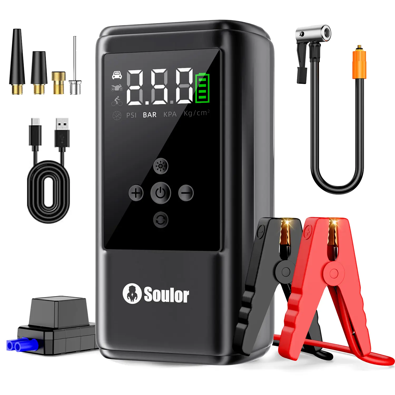 Soulor Portable Car Jump Starter With Air Compressor 3000A Peak (6.0L Gas, 6.0L Diesel) With 160 PSI Tire Inflator,8000mAh 12V Car Battery Jump Power With LED Light W100 portable jumpstarter batterycharger sohochic