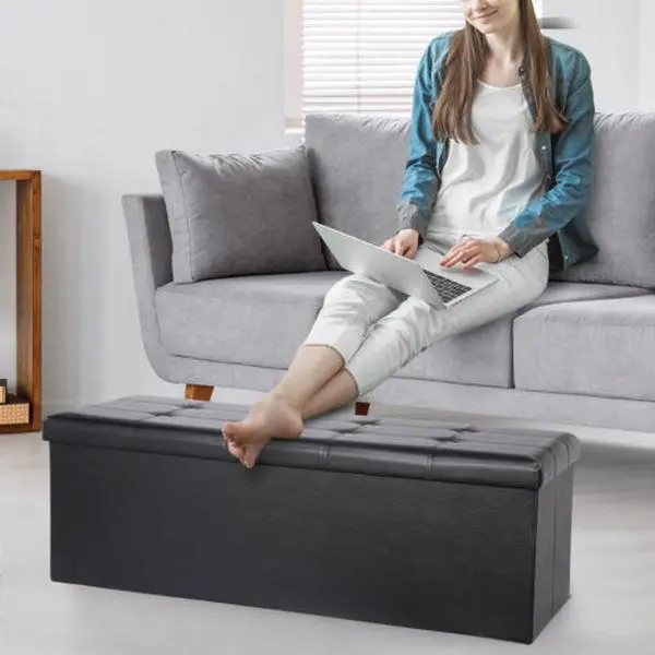 43" Folding Storage Ottoman - Dual Purpose Indoor Furniture, Collapsible Footstool Footrest, Built-In Compact Storage Bench for Living Room, Built-In Storage Benches
