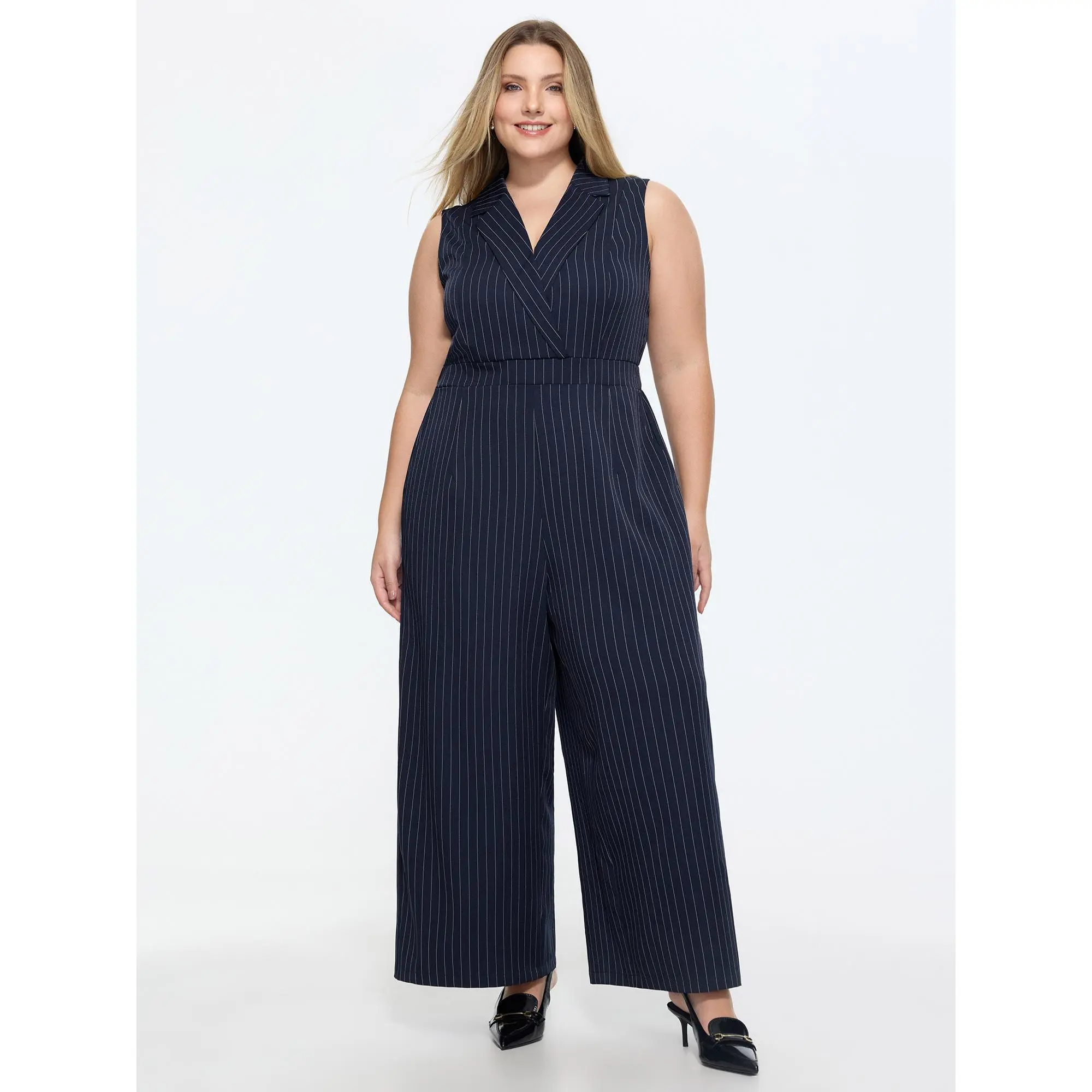 BloomChic Women's Plus Size Striped Sleeveless Collared Neck Regular Fit Overalls Jumpsuit - Smocked Detail, Side Pockets, Polyester Fabric, Smooth, Cold Wash, Like-Color Wash, Low Iron, Non-Pull-On, Sizes 14-16/1x,18-20/2x,22-24/3x,26/4x, Office Wear, St