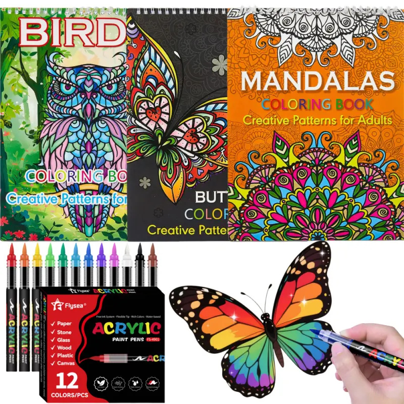 Birds Animals Mandala Butterfly Coloring Book Set, Coloring Pages - With 12 Colors Acrylic Markers Stress Relief & Relaxation,Coloring Books for Adults to Relax and Relieve Anxiety - Top Spiral Binding is Easier to Use, Coloring Activities