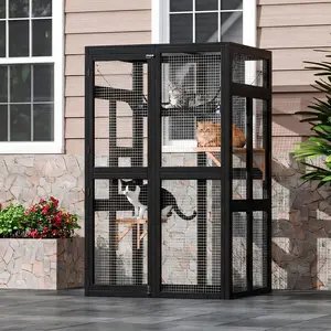 Spacious Outdoor Wooden Cat Cage – Multi-Level Catio Enclosure with Weatherproof Roof, 2 Platforms, Hammock & Walk-In Window – Secure Playpen for Multiple Cats, Patio, Yard, Balcony, or Indoors