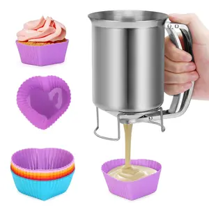 Stainless Steel Pancake Batter Dispenser with Handle 32oz 900ml Heavy Duty Waffles Funnel Cake Dispenser with 12PCS Silicone Baking Cups for Cupcakes Crepes