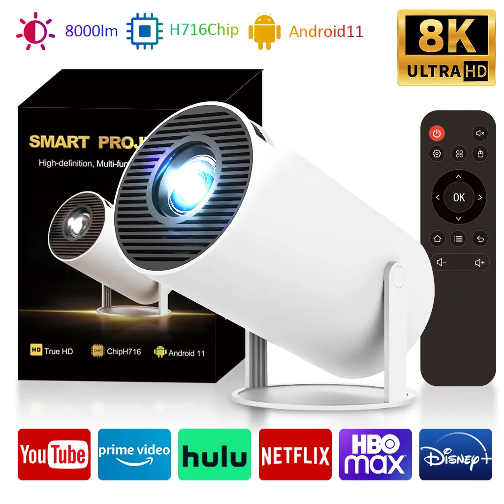 Mini Portable LED Projector with 720P Native Resolution, 8K Support, 300ANSI Lumens, Android 11, WiFi6, BT5.4 Bluetooth, Audio Speaker, Air Mouse for Outdoor Movies, Wireless Projector, Remote Control