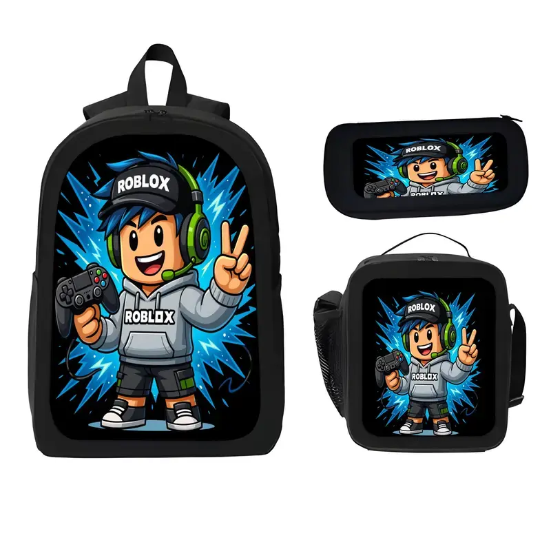 Unisex Kids' Fashion Roblox Cartoon Character 3-Piece Backpack Set Pack - Zip School Bag, Crossbody/Shoulder Lunch Bag, Pencil Case, Design for School, Travel, Camping, Graphic