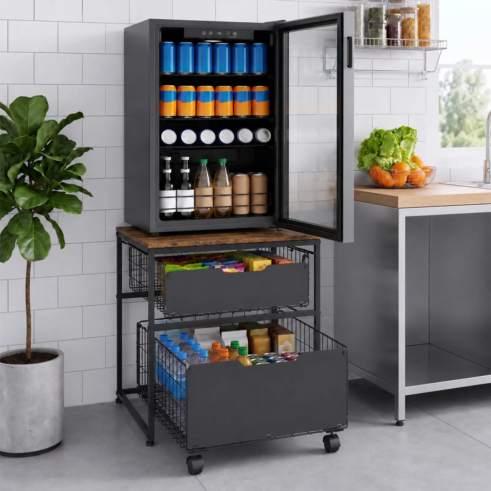 Garvee 22x22 in Mini Fridge Stand with Metal Storage Drawer Basket - Small Refrigerator Table/Cart for Dorm, Kitchen or Apartment - Space-Saving Storage - Black