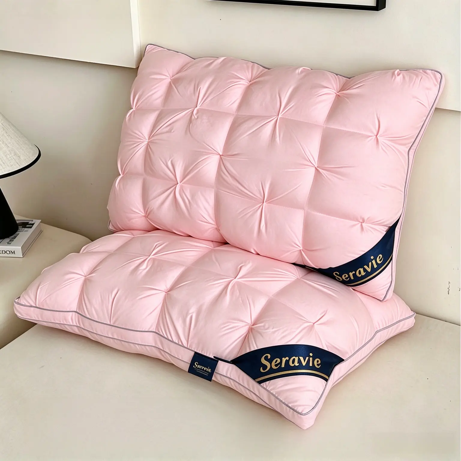 2PCS Queen Size Pink Luxury Hotel Style Quality Pillows for Sleeping, Hypoallergenic Microfibre Pastel Quilted Standard Neck Support Pillows for Side Sleepers & All Sleep Positions