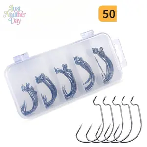 50-Pack Black Nickel Offset Worm Hooks, Size 2#-3/0# Assortment, Premium Carbon Steel Hooks for Texas Rig Fishing