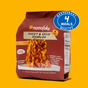 Momofuku Sweet & Spicy Noodles | 4 Packs | 10 Grams of Protein | Korean Chili Paste | Instant Food | Restaurant Quality