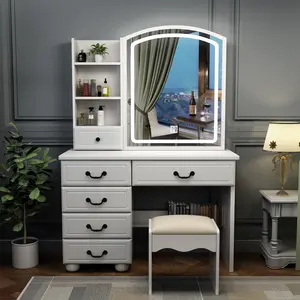 Fashion Vanity Desk with Stool, Mirror and Lights for Makeup, Vanity Mirror with Lights and Dressing Table Set with 3 Color Lighting Brightness Adjustable, 6 Drawers, White Color