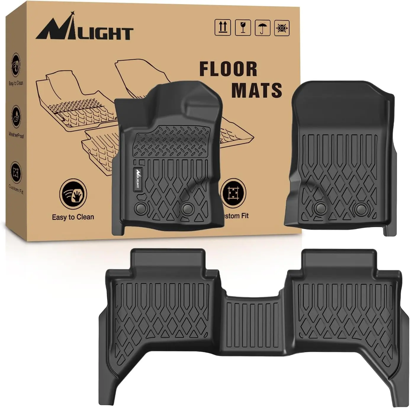 Nilight TPE Car Floor Mats for Car - Custom-Fit, Heavy-Duty, All-Weather, Non-Slip Liners with Raised Lip, Channels, Waterproof, Includes Clips for Ford Ranger SuperCrew Cab 2019-2024