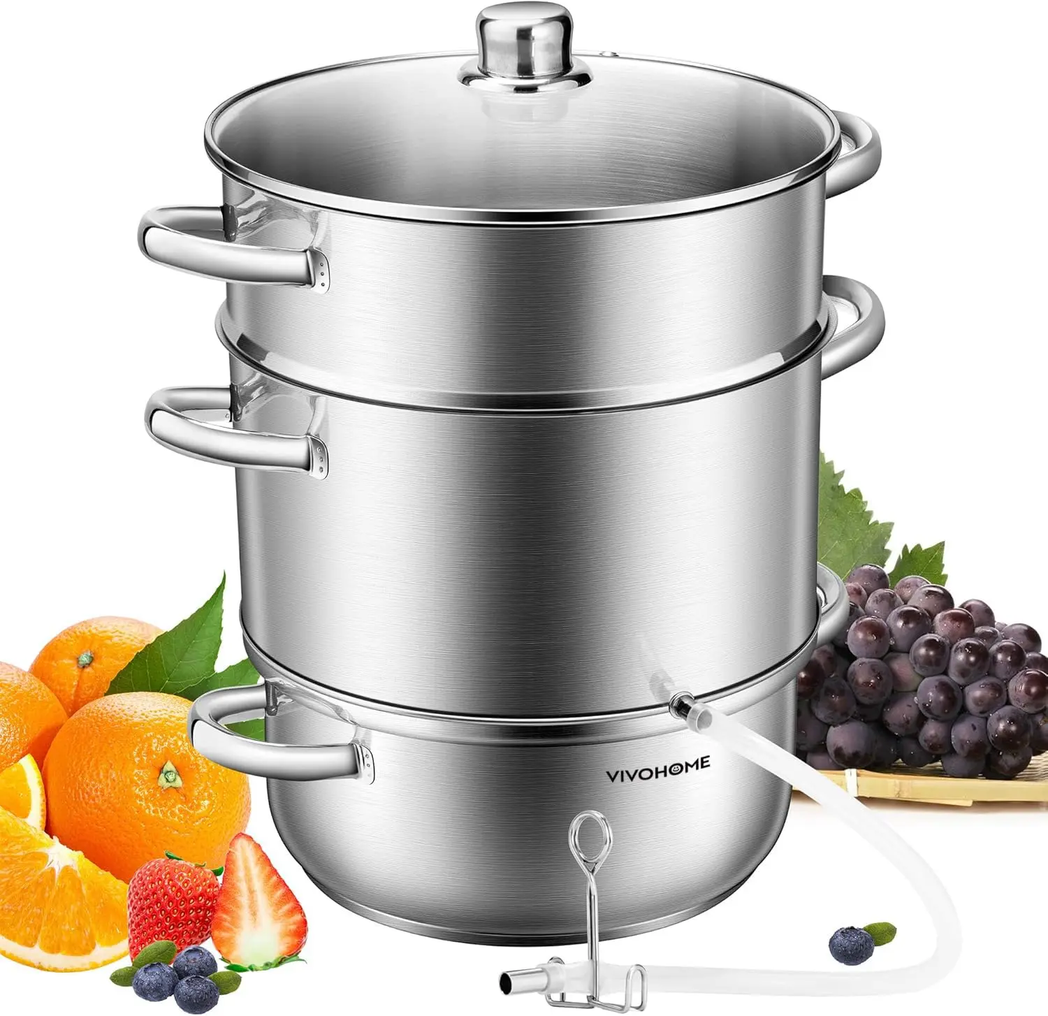 VIVOHOME Stainless Steel Steam Juicer Extractor Fruit Vegetables Juicer Steamer Pot 5 Qt with Tempered Glass Lid, 2 Hose, Clamp, Loop Handles Cookware Aluminium Induction