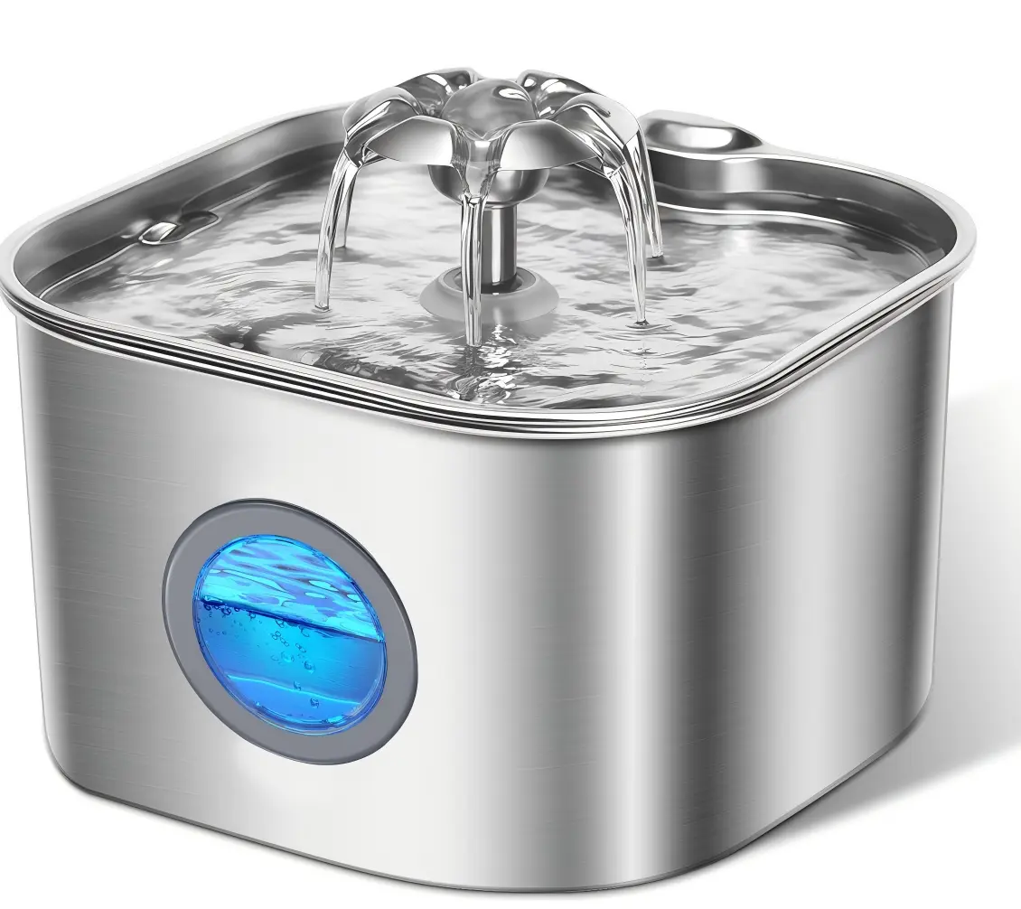 2.6L Cat Water Fountain, 304 Stainless Steel Pet Drinking Fountain with Water Level Window,  Flower Shape Water Spout Automatic Water Dispenser, Indoor Hydration Station for Cats and Small Dogs