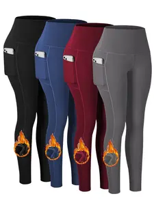 4pcs Women's High-Waisted Long Thickened Leggings with Fleece for Fitness Running Compression Pants with Pockets Butt Lift Tummy Control Slimming Yoga Pants Womenswear Bottom Basic Minimalist