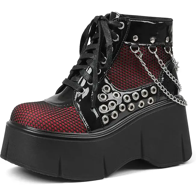 Women Goth Chunky Ankle Boots Cross Decor Chain Platform Zip Round Toe Lace Up Combat Bootie Wedge Rave Boots Black Red Punk Shoes Clearance Sale AOSPHIRAYLIAN