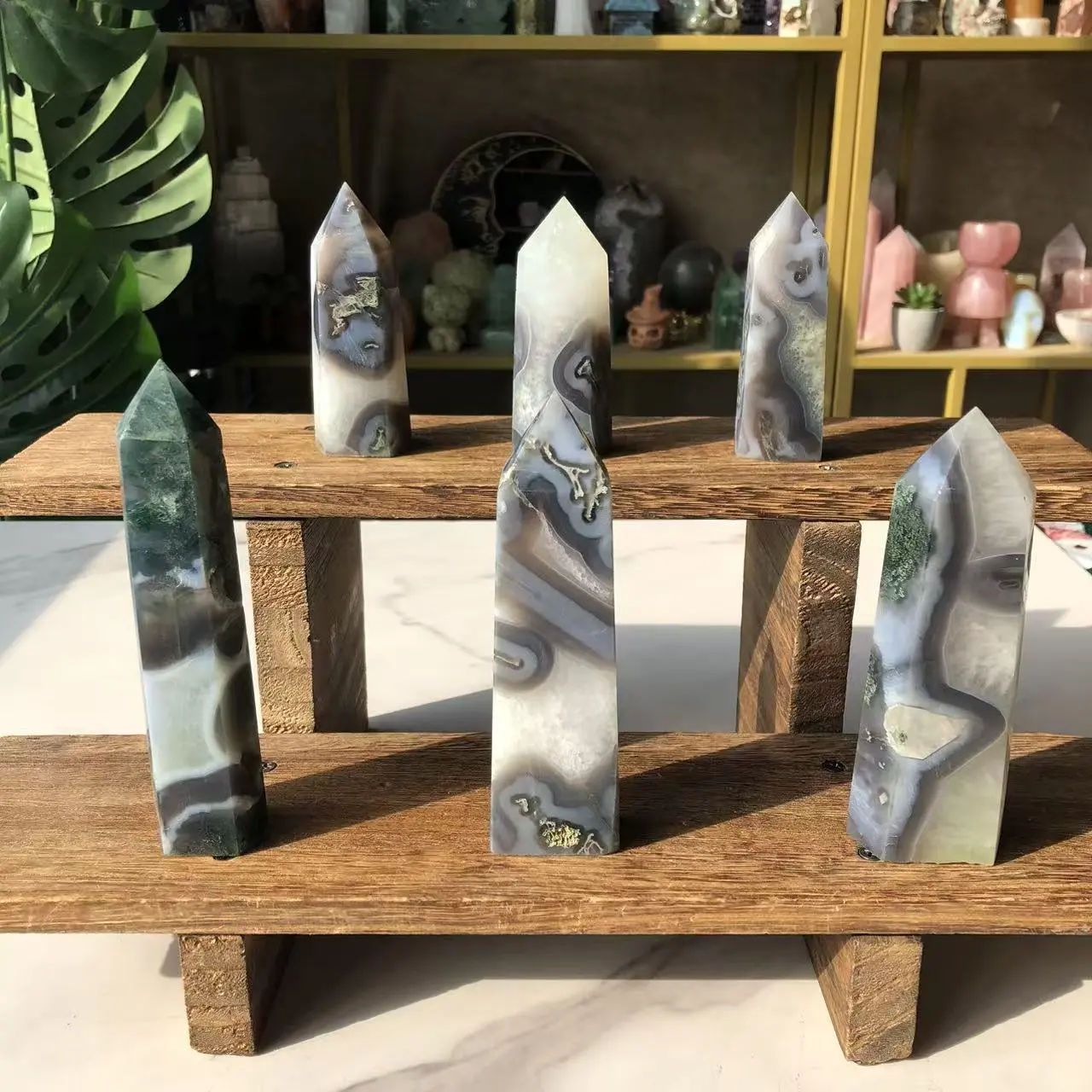 Natural Crystal Moss Agate Druzy Tower Collection