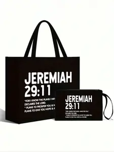 Jeremiah 29:11 Scripture Tote Bag Set,Large Capacity Cosmetic Bag With Hand Rope, Handbag, Beach Bags, Beach Tote Bag, Daily Commuter Bag, Coin Purse, Lightweight, Easy Care, For Daily Commute, Picnic, Party, Travel, Shopping, Artistic Letter Print