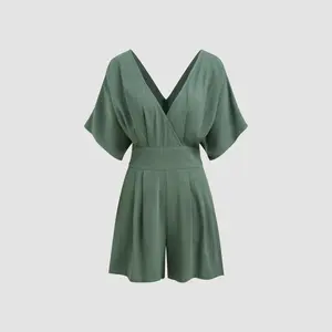 Cider [size 2-26] Linen-blend V-neck Solid Pocket Zipper Romper