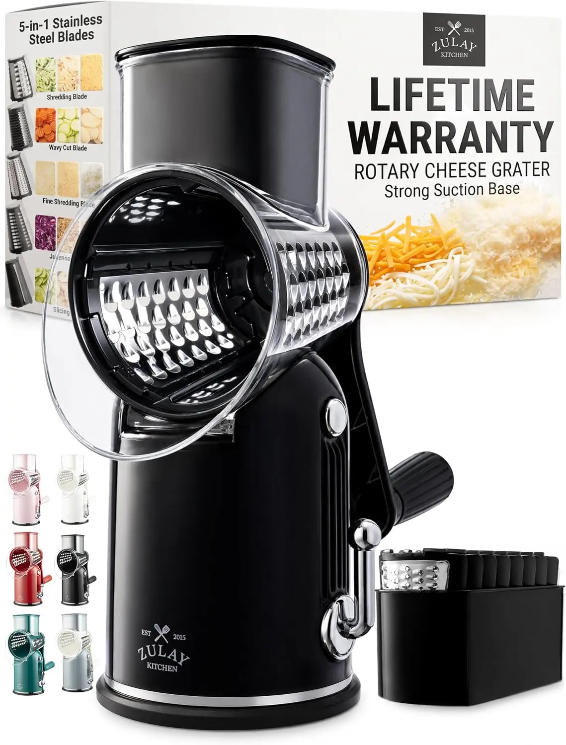 Zulay Kitchen Classic Rotary Cheese Grater 5 Blade Cheese Shredder - Manual Hand Crank Cheese Grater With Reinforced Suction & 5 Interchangeable Drums - Easy to Use, Vegetable Chopper Round Mandoline Slicer