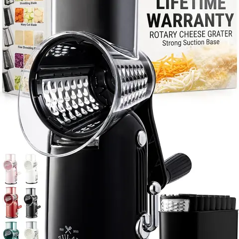 Zulay Kitchen Classic Rotary Cheese Grater 5 Blade Cheese Shredder - Manual Hand Crank Cheese Grater With Reinforced Suction & 5 Interchangeable Drums - Easy to Use, Vegetable Chopper Round Mandoline Slicer