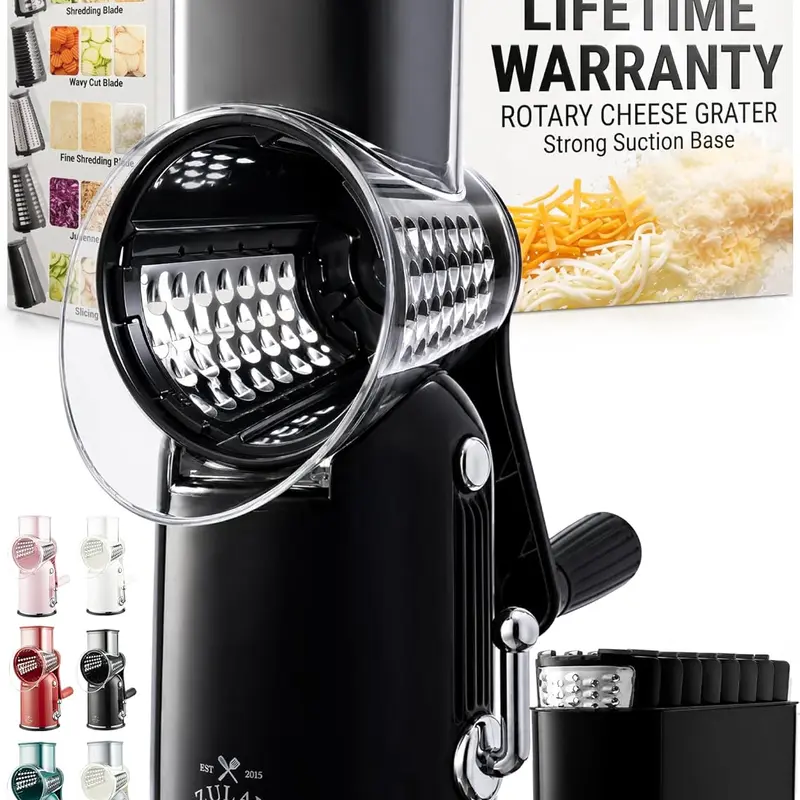 Zulay Kitchen Classic Rotary Cheese Grater 5 Blade Cheese Shredder - Manual Hand Crank Cheese Grater With Reinforced Suction & 5 Interchangeable Drums - Easy to Use, Vegetable Chopper Round Mandoline Slicer