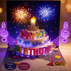 Blowable Firework Birthday Cards 3D Pop Up , Musical LED Lights Birthday Cards with Birthday Cake, Greeting Cards, Birthday Gifts for Mom Women Men Kids Child Dad Father Wife