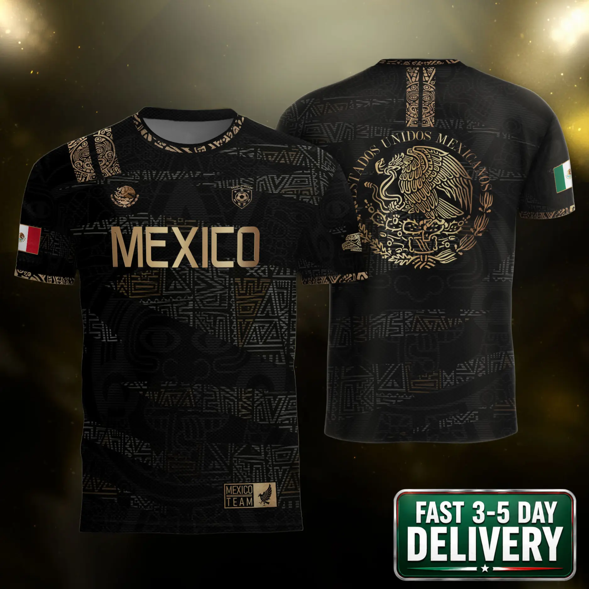 Black Mexico Soccer Jersey Men Women, Gold Aztec Eagle Graphic Football Shirt, Mexico Fan Gear