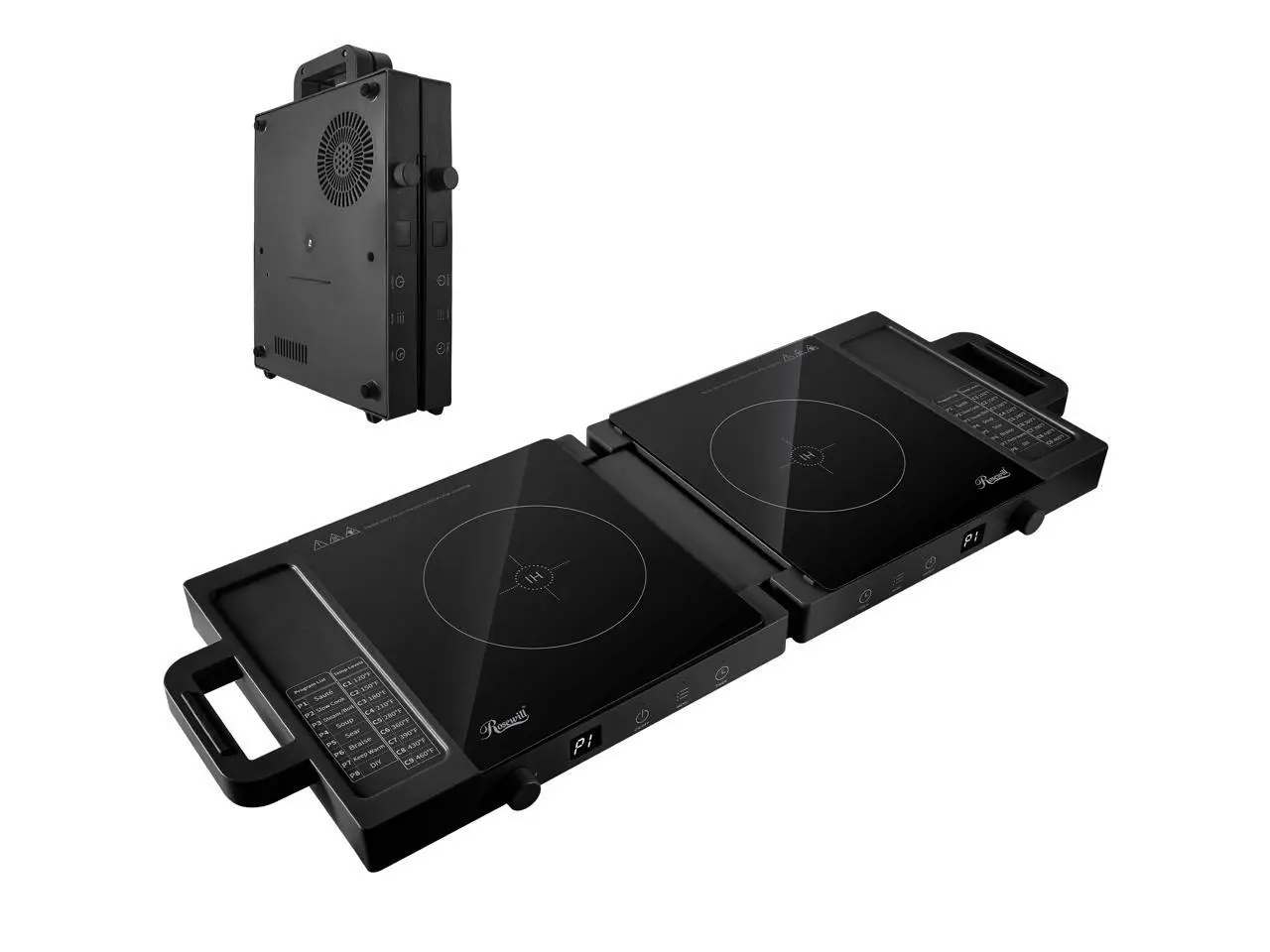 Rosewill Foldable Dual Induction Cooktop Burner, 1800W Portable Double Burner with 8 Cooking Modes & 9-Hour Timer, Auto Shutoff, Electric Stove for Home, Dorms, RVs - Black