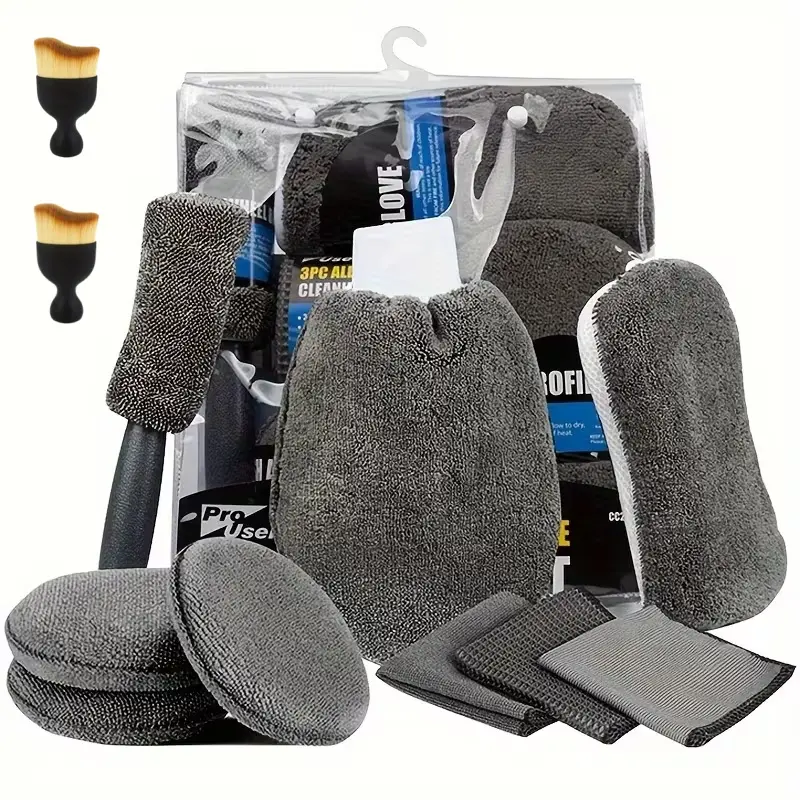Car Cleaning Set, Which Consists of 11 Items Including a Tire Brush, Microfiber Gloves, a Scratch Removal Pad, And Detail Sponges for Cleaning Both Inside And Outside